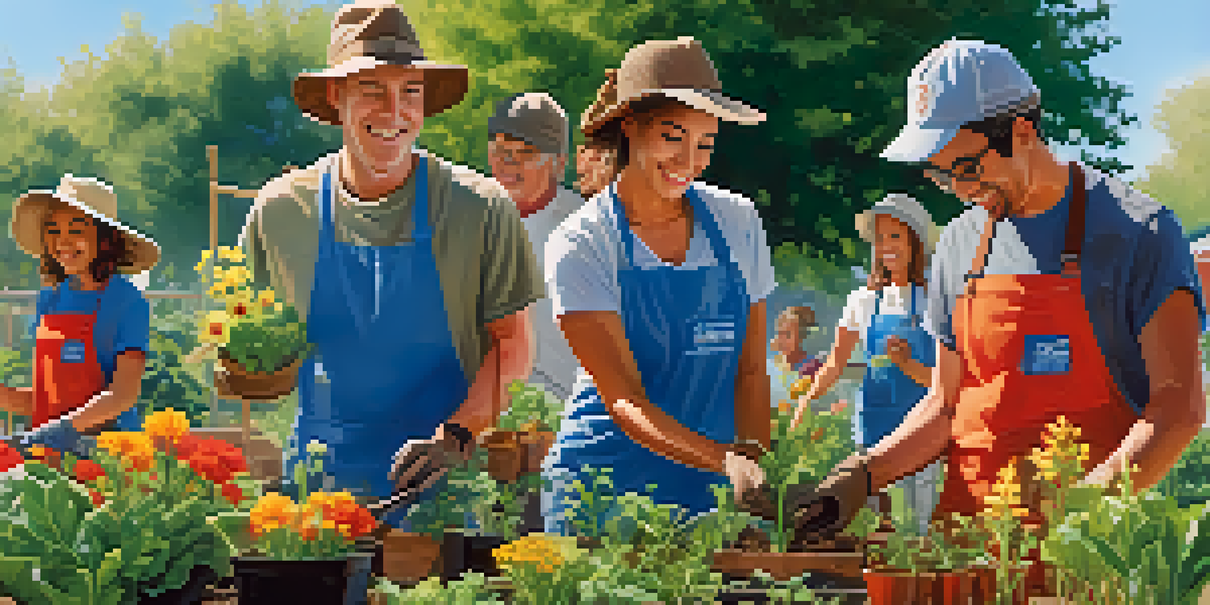 A group of diverse volunteers planting flowers and vegetables in a community garden on a sunny day.
