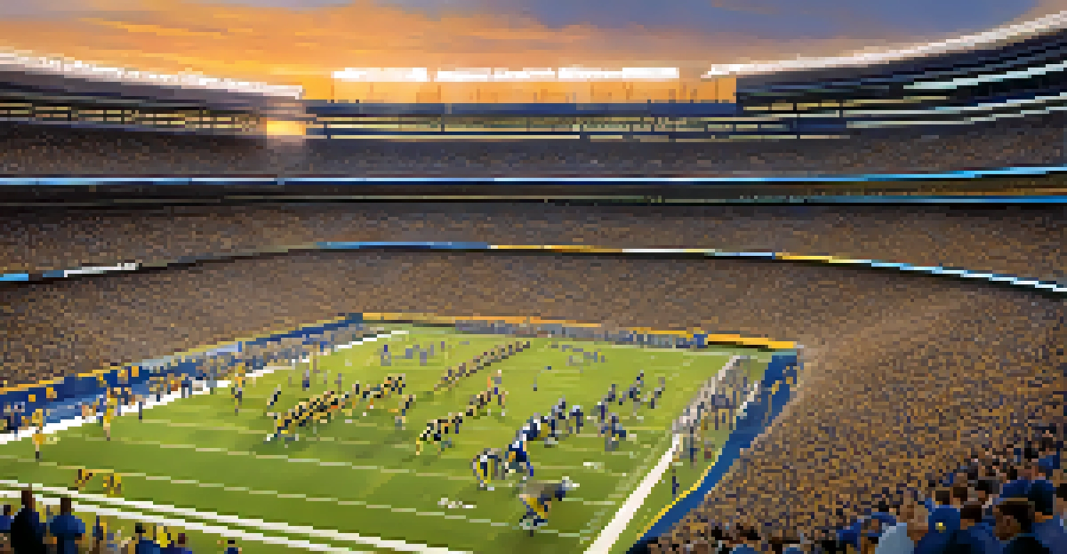 Los Angeles Rams players in blue and gold uniforms strategizing on the field during a game, with fans cheering and a sunset in the background.