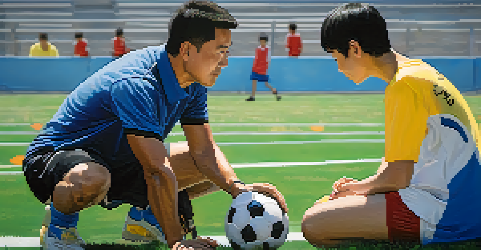 A volunteer coach giving advice to a young athlete during practice on a sunny soccer field.