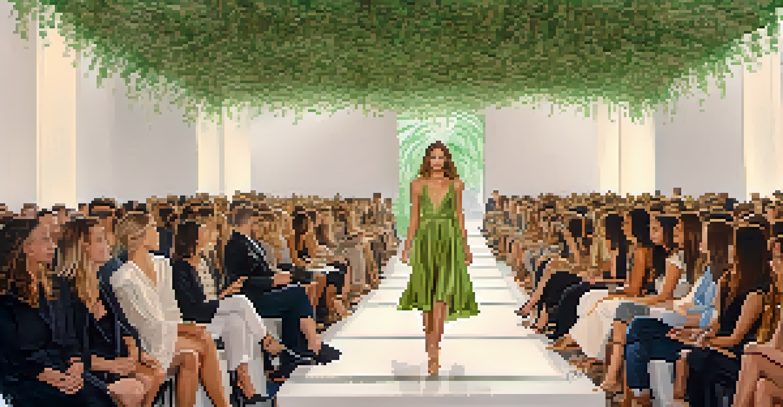 Fashion models on a runway displaying sustainable designs, surrounded by greenery and soft lighting.