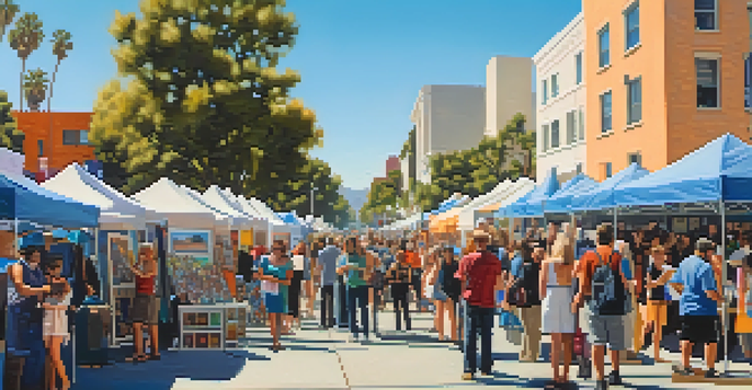 A lively community art fair in Los Angeles featuring diverse local artists and colorful booths filled with various artworks under a clear blue sky.