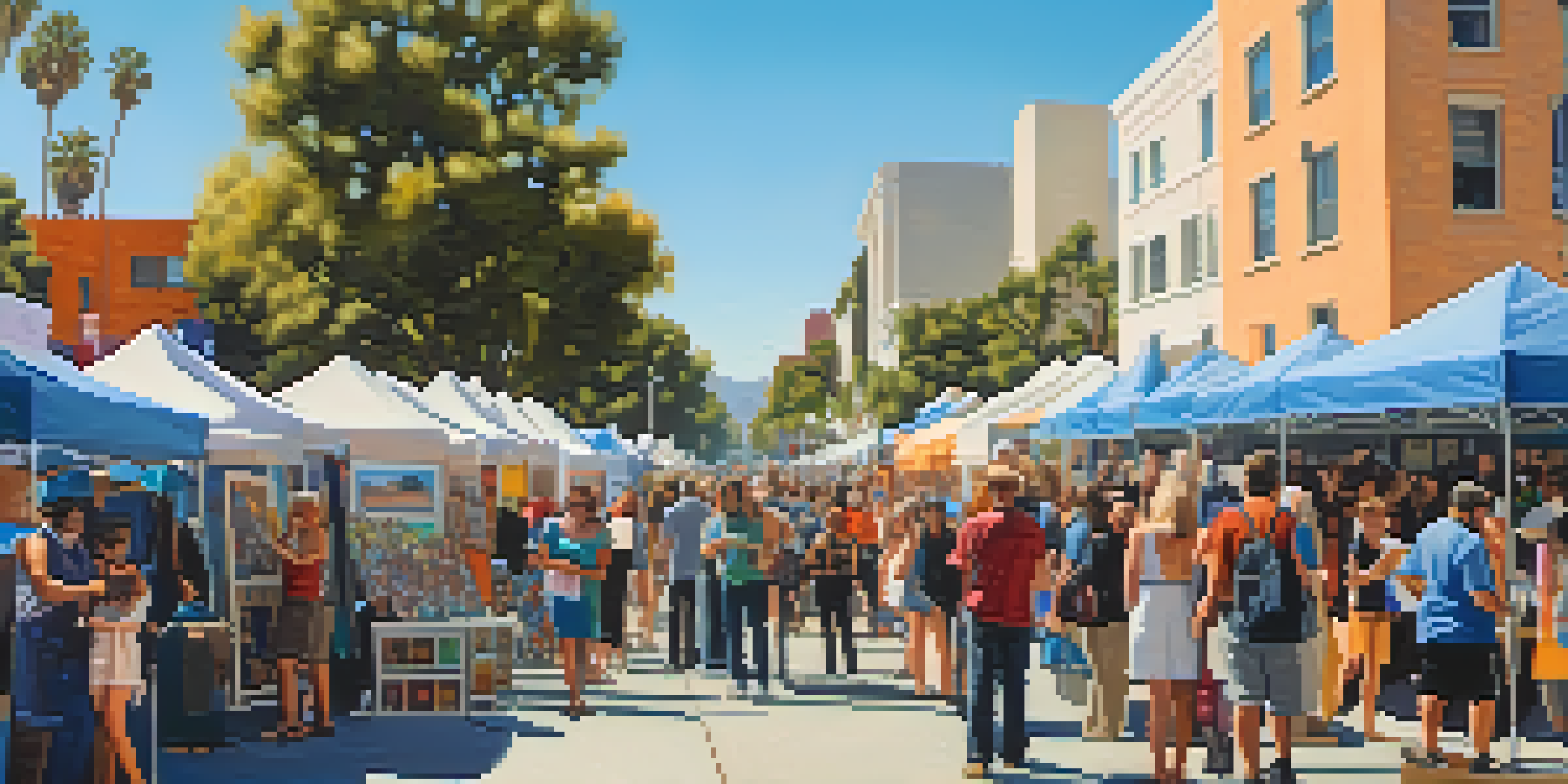 A lively community art fair in Los Angeles featuring diverse local artists and colorful booths filled with various artworks under a clear blue sky.