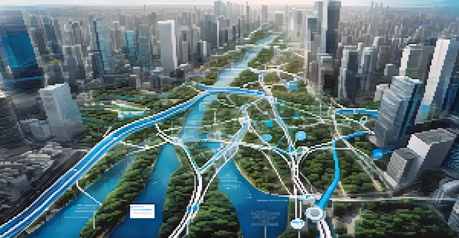 An aerial view of a city showcasing smart water management systems, with pipelines, sensors, and data visualizations overlaid.