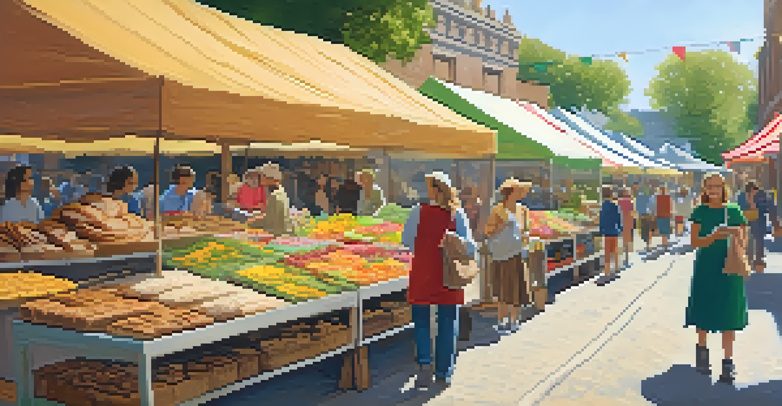 An inviting aisle at a farmers' market filled with stalls of organic bread and pastries, decorated with flowers and bunting.