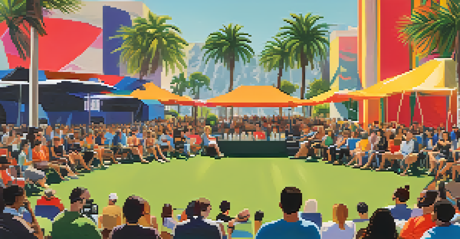 A lively outdoor podcasting event in Los Angeles with speakers on stage and an engaged audience under sunny skies.
