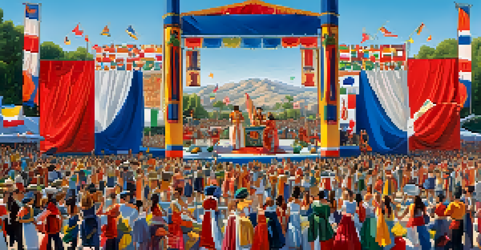 A lively outdoor festival in Los Angeles with performers showcasing traditional dances and music, surrounded by an engaged audience.