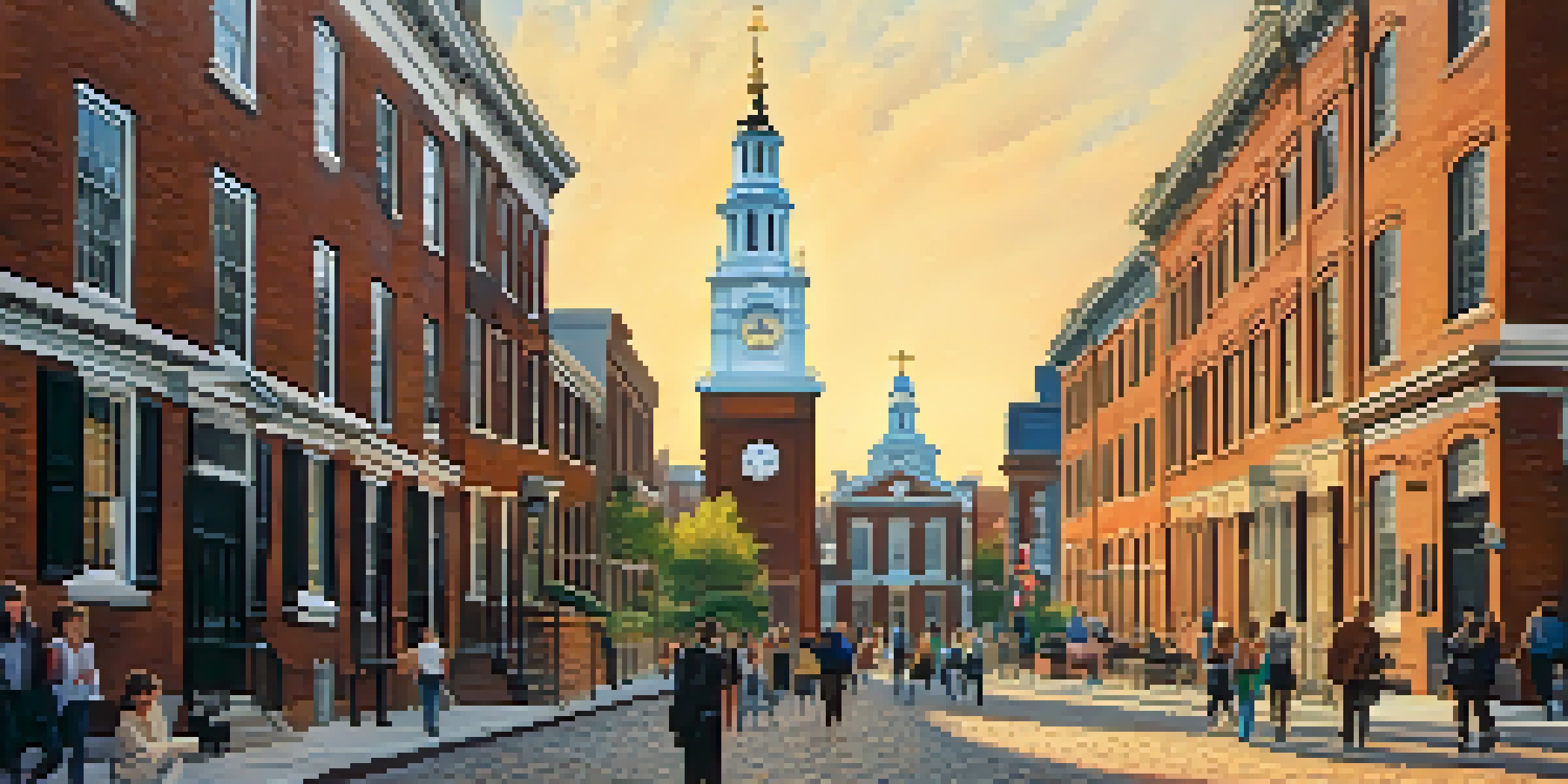 A panoramic view of Independence Hall in Philadelphia's Old City, with cobblestone streets and colonial buildings under golden sunlight.