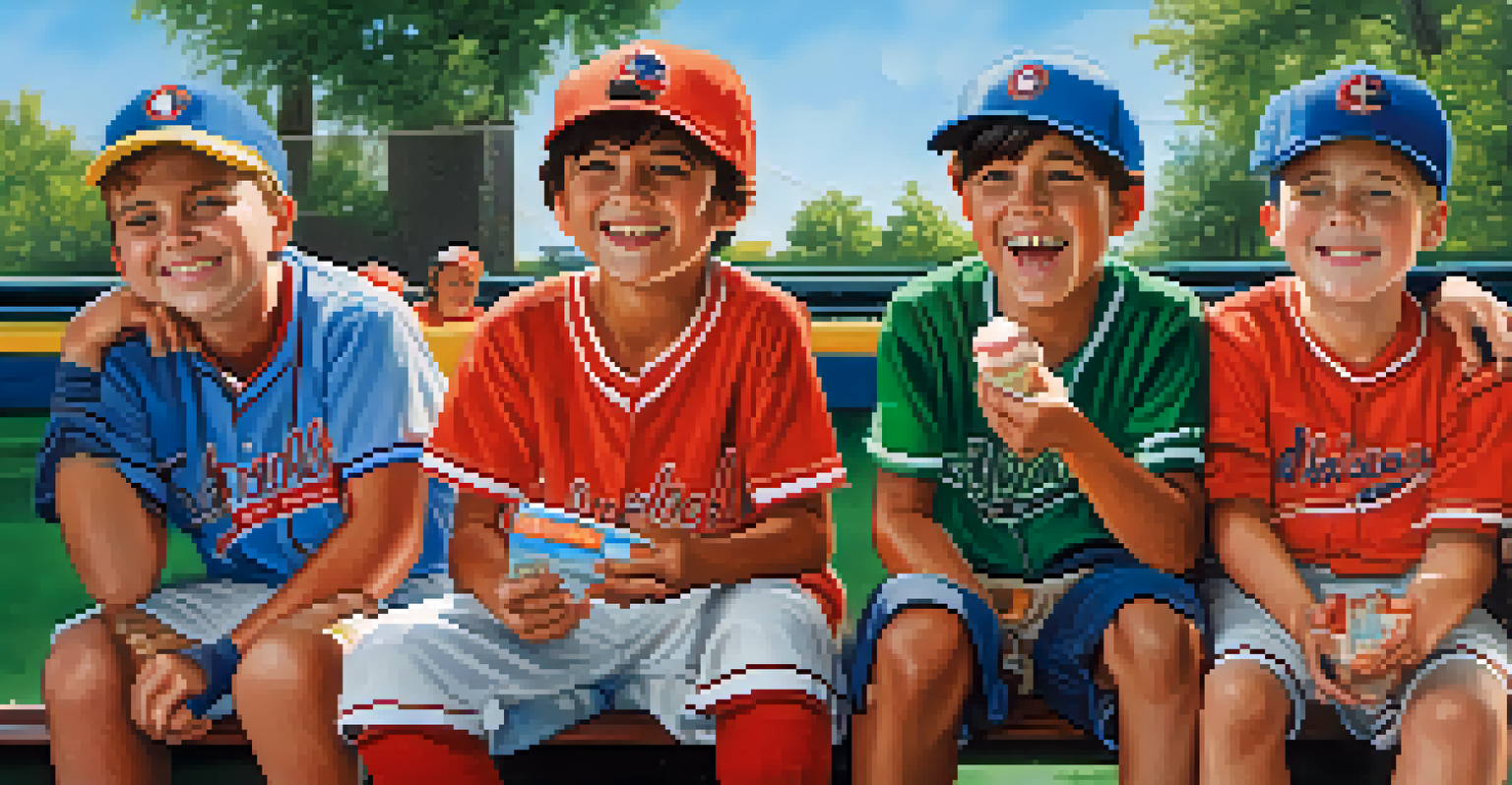 Children sitting on a bench after a baseball game, sharing snacks and stories, surrounded by baseball gear.