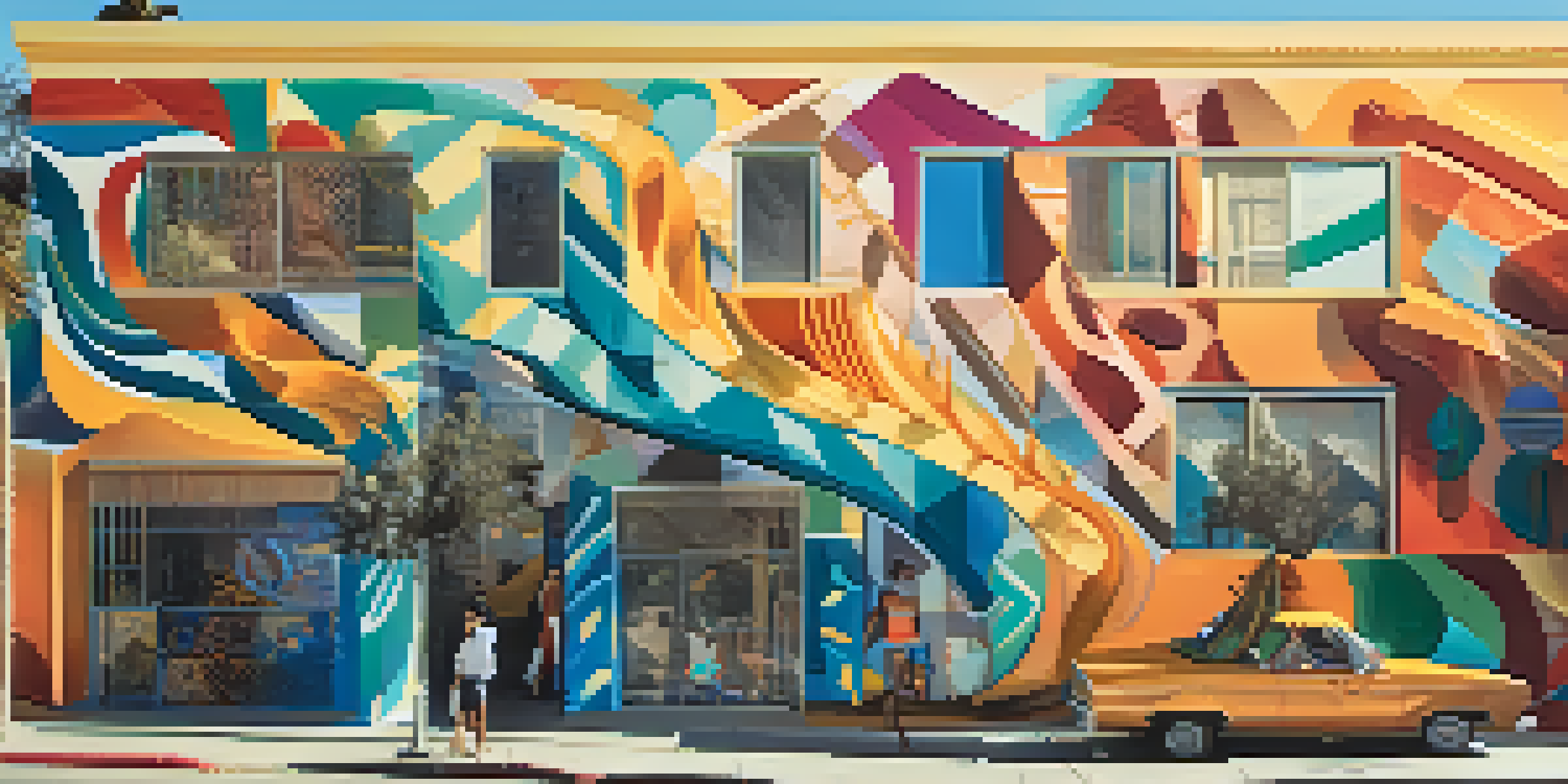 A colorful street mural in Los Angeles depicting abstract shapes and cultural motifs, lit by warm sunlight during golden hour.