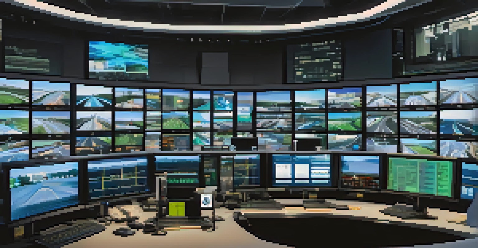 Inside a traffic control center with operators monitoring screens that show traffic data and camera feeds, illuminated by bright lights.