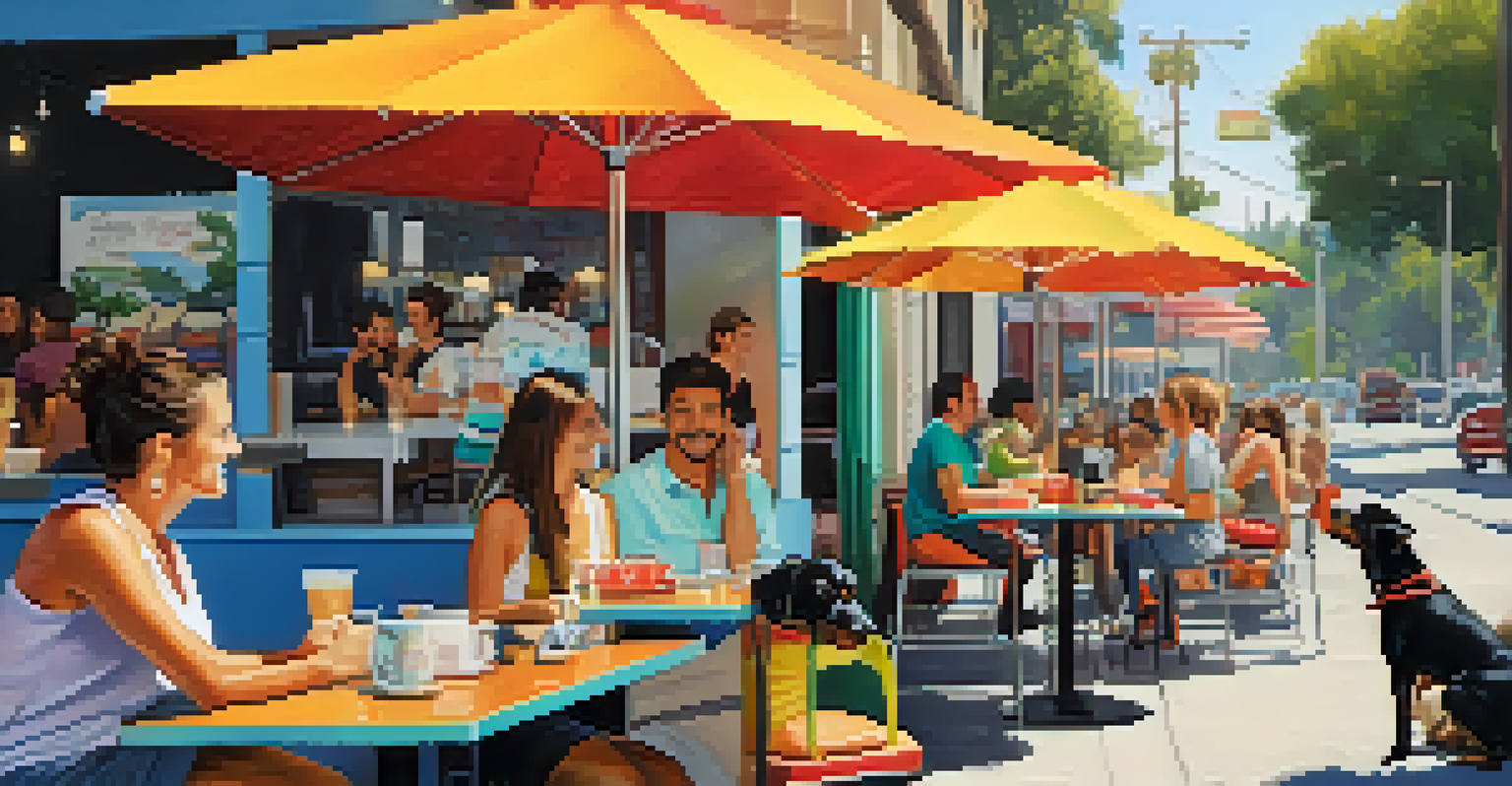 An outdoor pet-friendly cafe in Los Angeles with dogs beside their owners at dining tables.
