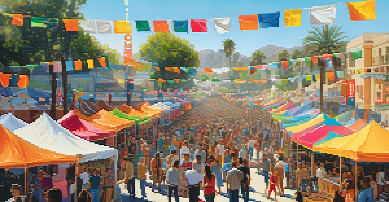 A colorful outdoor cultural festival in Los Angeles with artists and innovators displaying their work, surrounded by enthusiastic attendees.