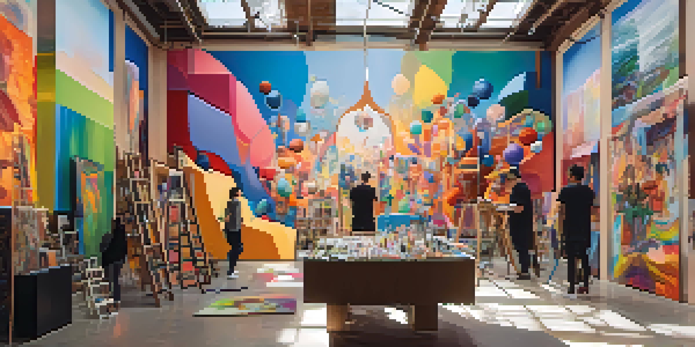 A lively art collective in Los Angeles with artists collaborating and creating vibrant artworks, illuminated by natural light.