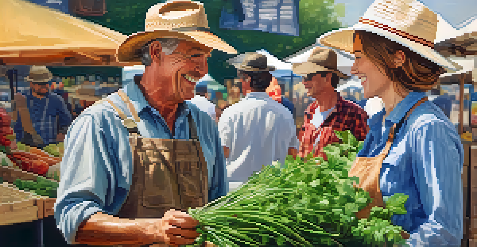 A farmer interacting with a customer, sharing fresh herbs at a farmers' market.
