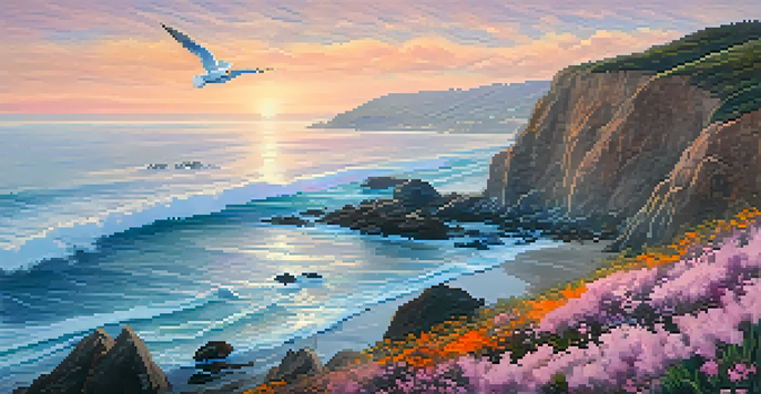 A peaceful California coastline at sunrise with colorful wildflowers and seagulls in the sky.