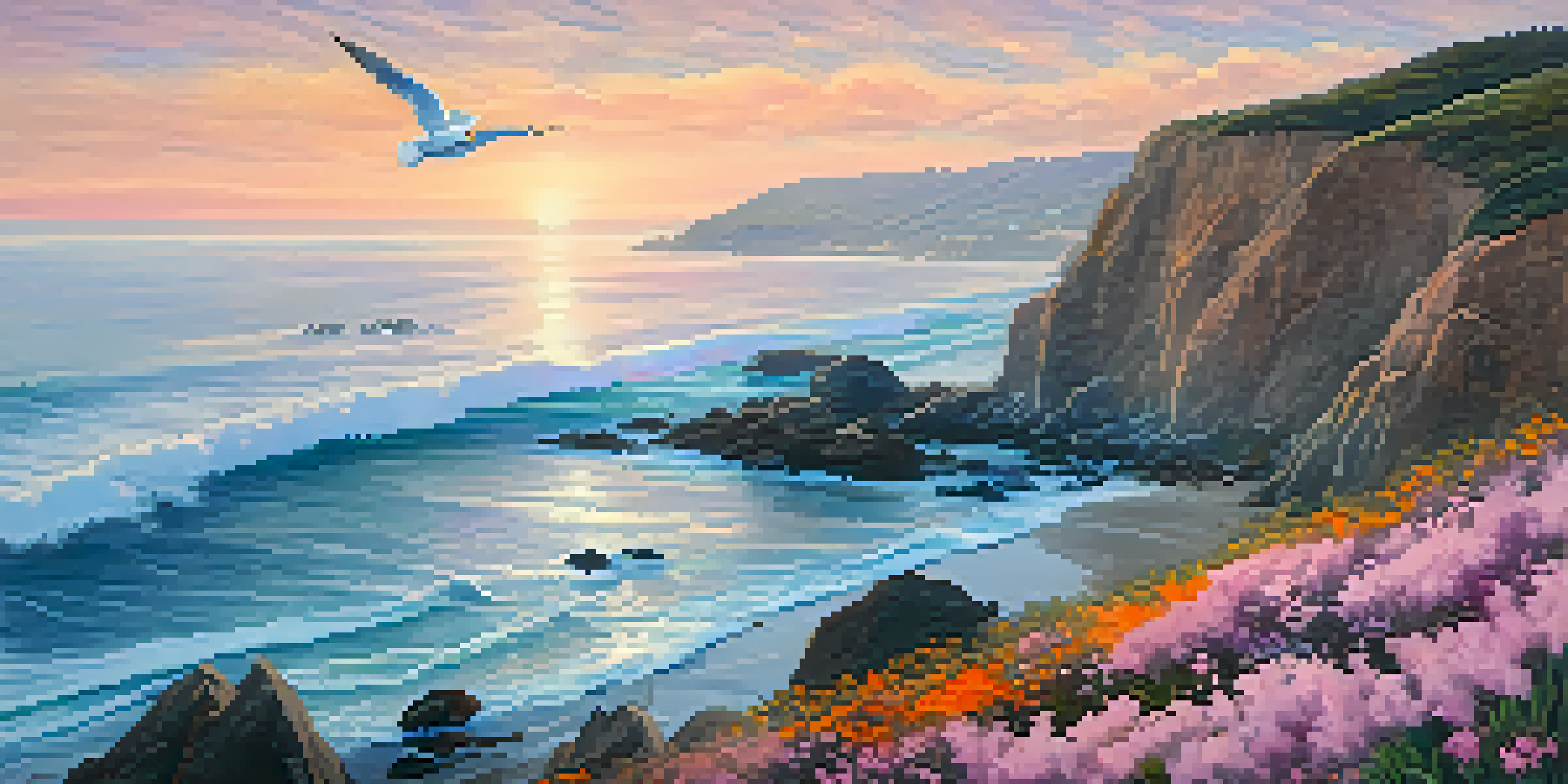 A peaceful California coastline at sunrise with colorful wildflowers and seagulls in the sky.