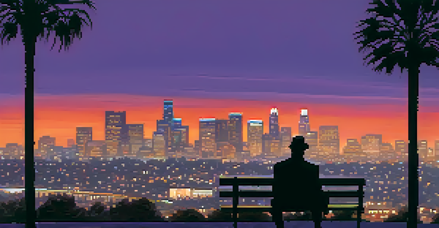 A silhouette of a writer sitting on a bench with the Los Angeles skyline at dusk, surrounded by vibrant purple and orange skies.