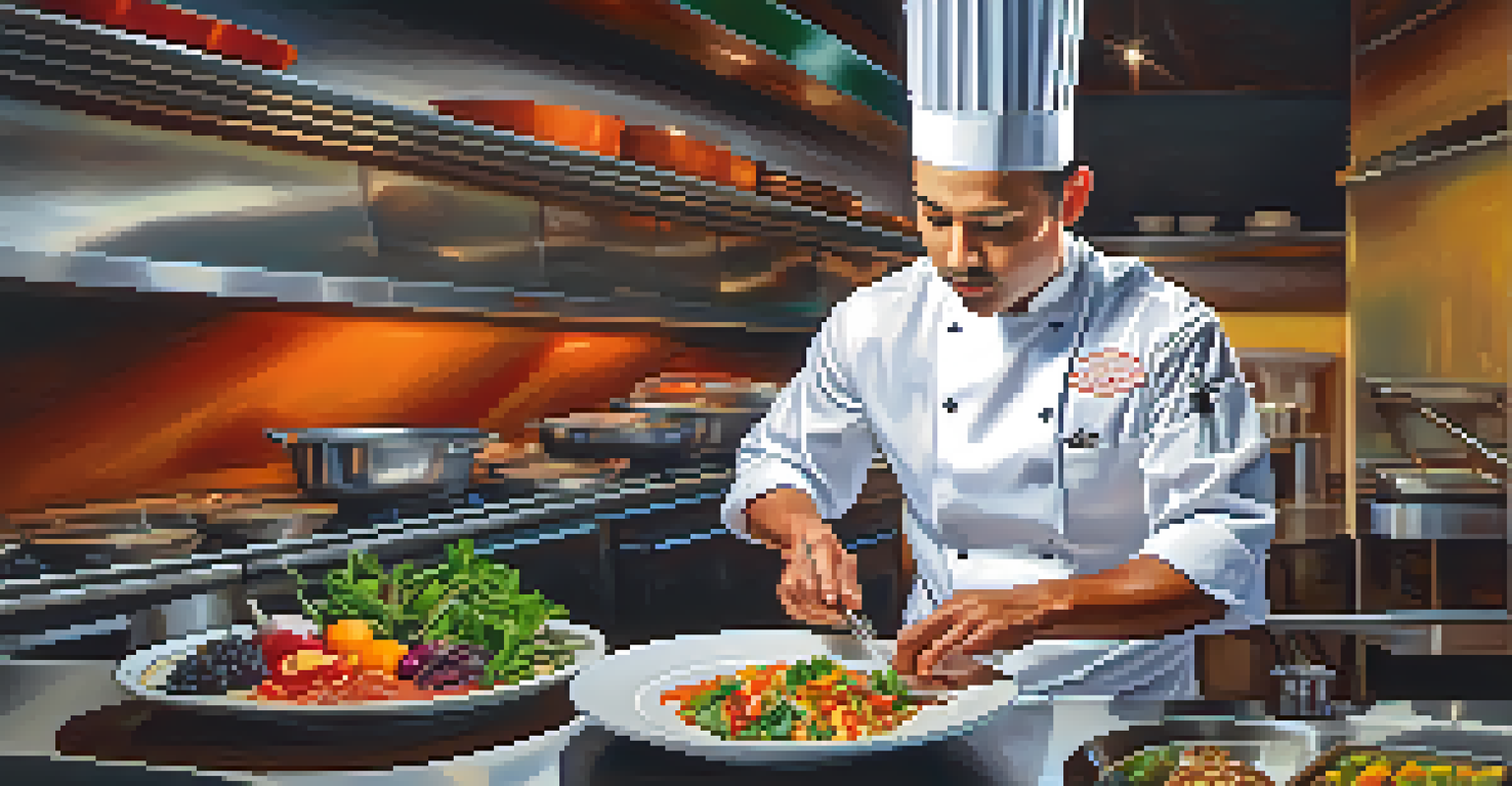A chef in a modern kitchen plating a colorful fusion dish with fresh ingredients, surrounded by kitchen tools and warm lighting.