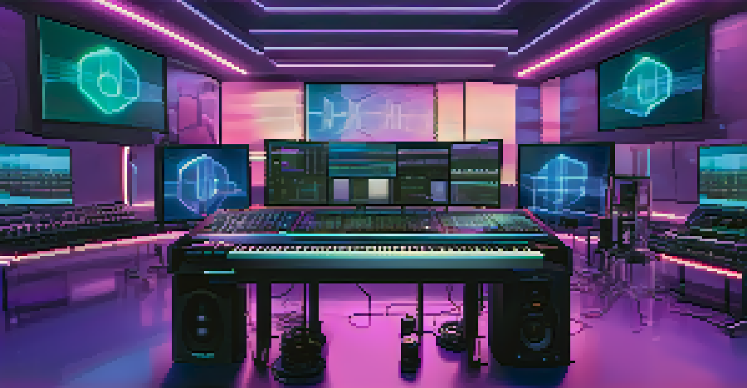 A modern music production studio in Los Angeles with advanced AI technology.