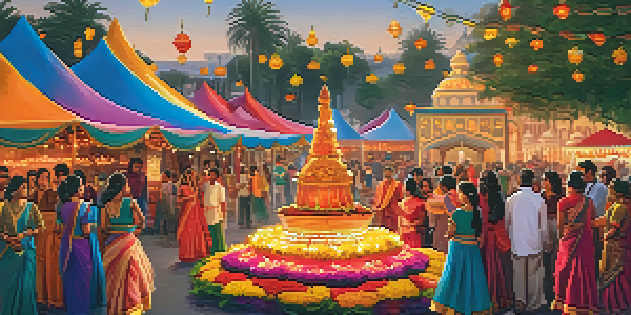 A lively Diwali Festival in Los Angeles with colorful decorations, dancers in traditional costumes, and a diverse crowd celebrating.