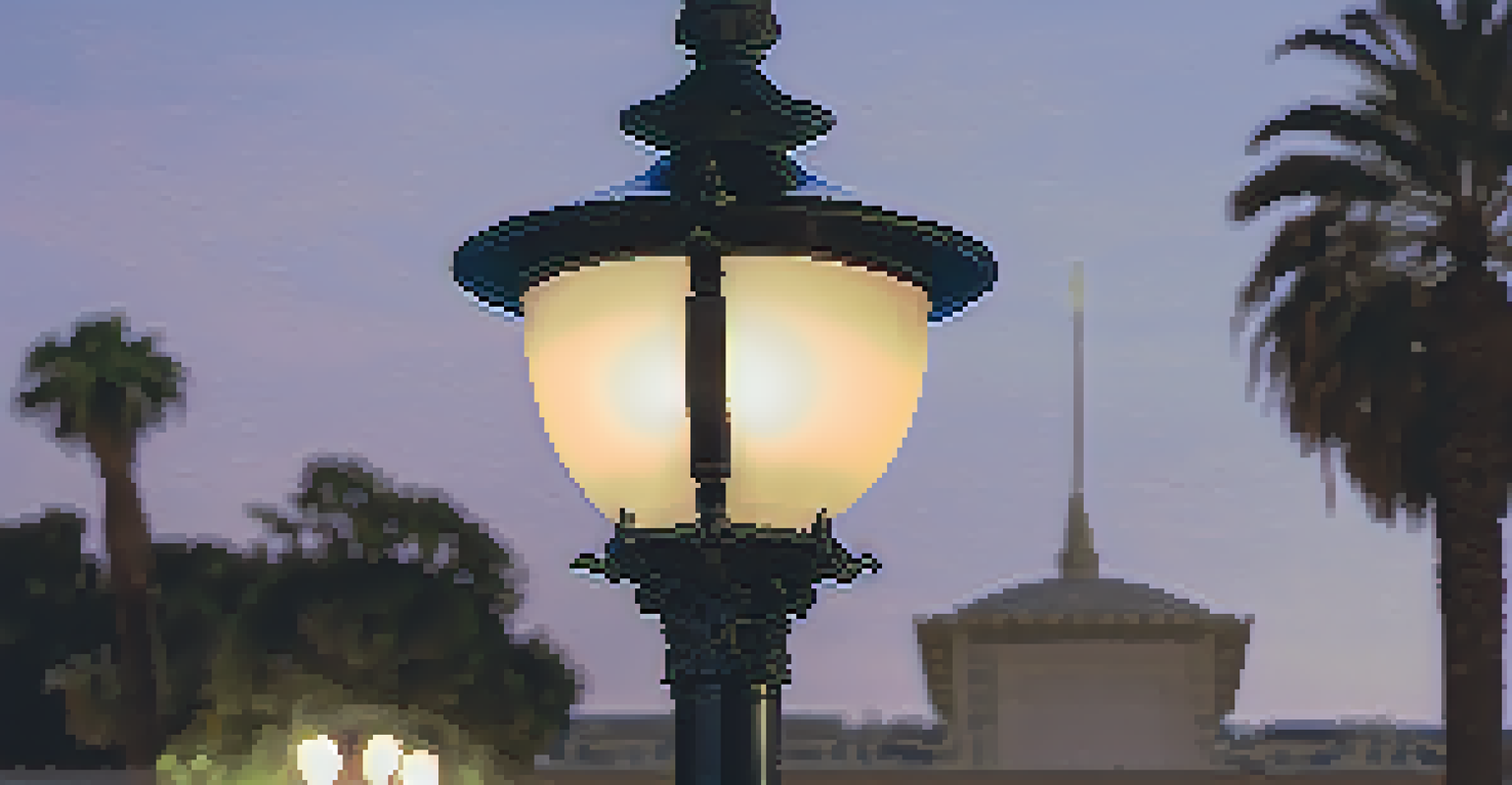 A close-up of a street lamp from LACMA's Urban Light installation, with blurred museum architecture in the background.