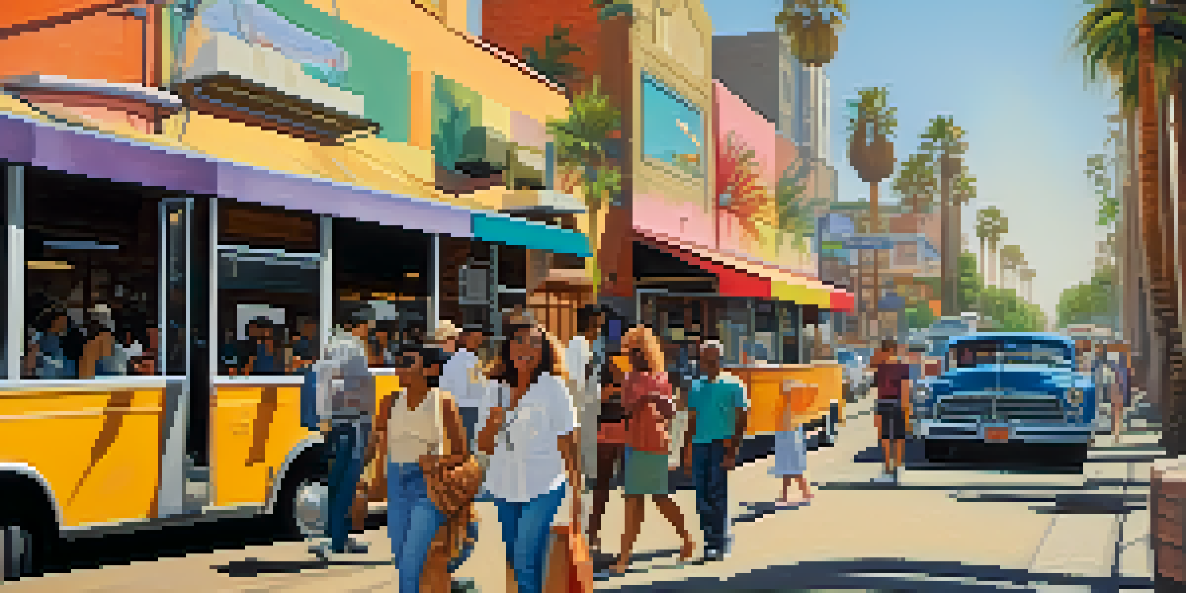 A lively street scene in Los Angeles with diverse people talking and colorful murals in the background.