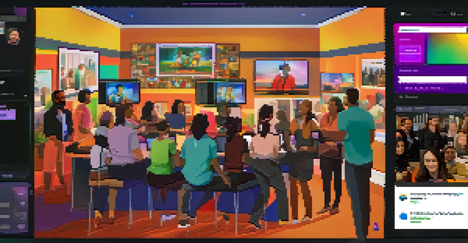 A virtual fundraising event on a computer screen, showing diverse participants engaged in a live auction with colorful graphics.