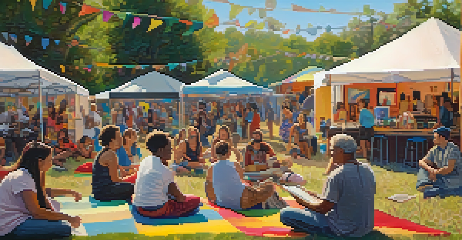 A community workshop at a music festival, featuring a diverse group engaged in a cultural discussion with colorful art installations around them.