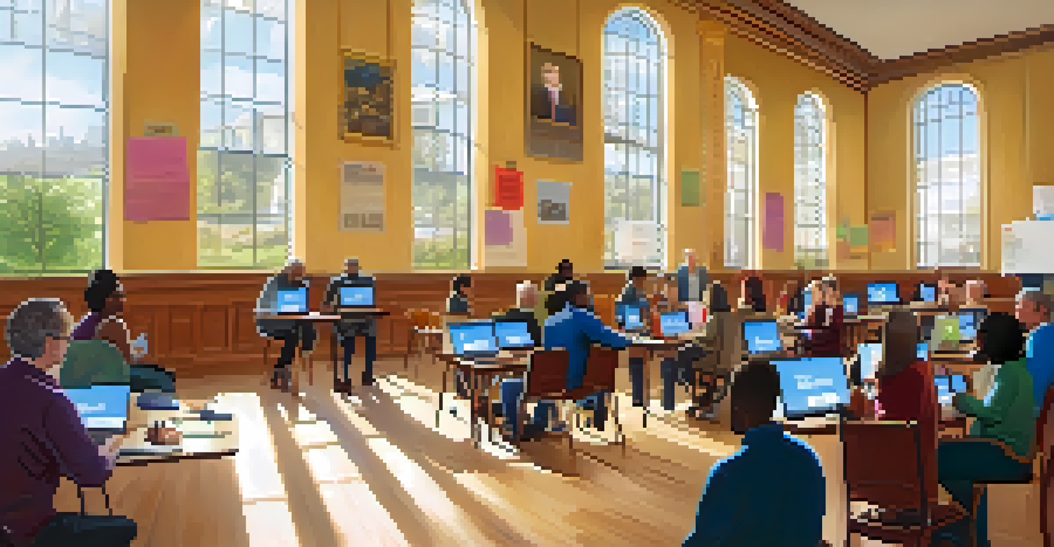 A town hall meeting with residents using laptops and tablets to participate in an online survey, with banners promoting engagement.