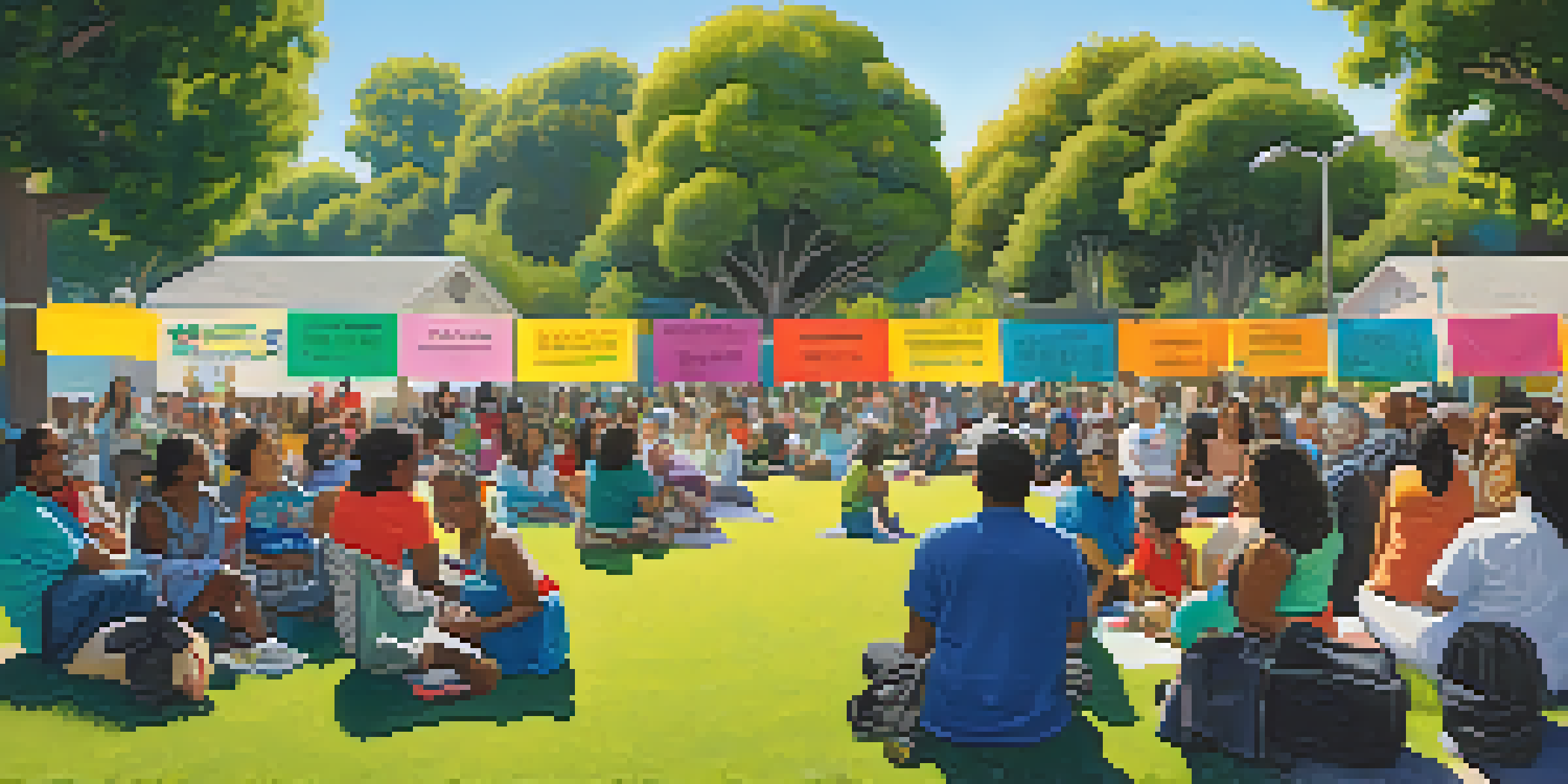 A diverse group of residents gathered in a park, actively discussing community issues with colorful banners in the background.