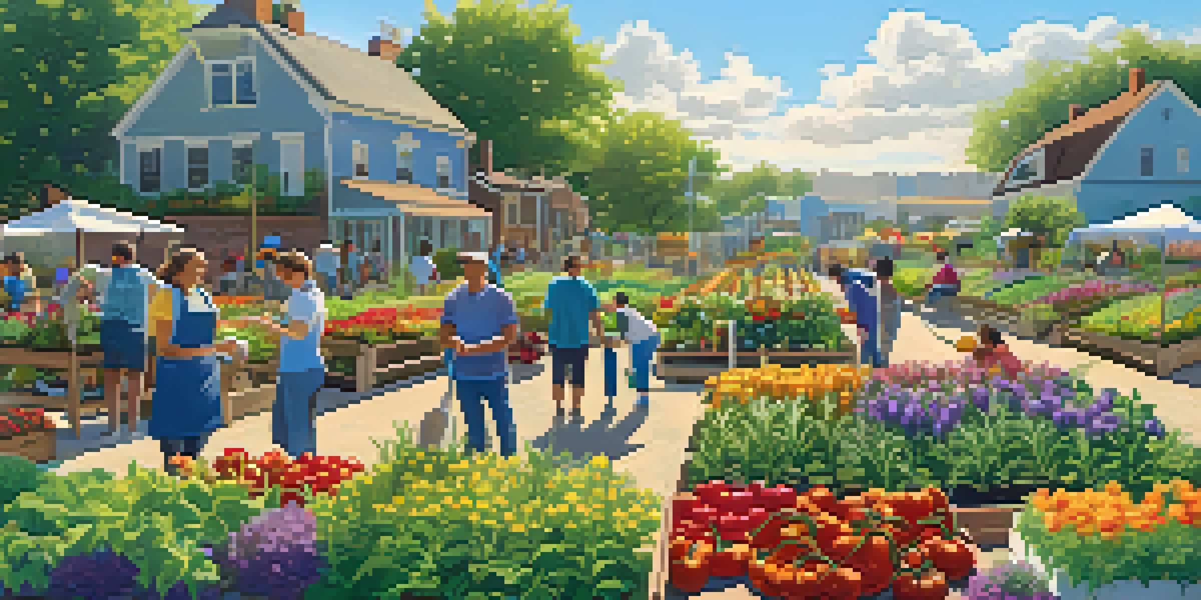 A lively community garden with people gardening, colorful plants, and a bright sunny sky.