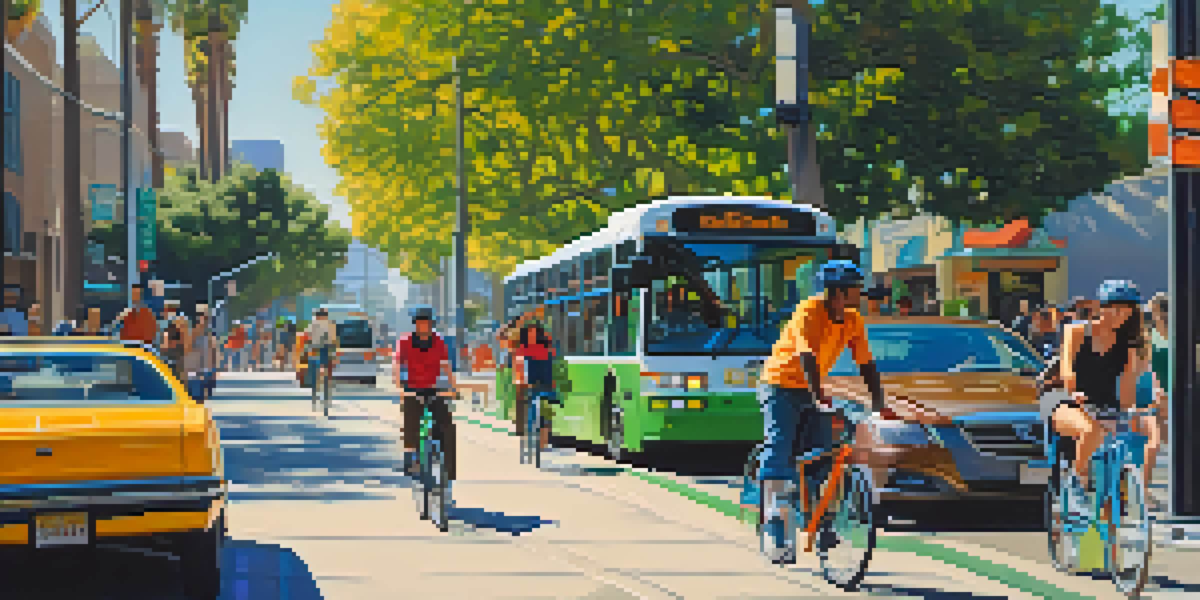 A busy Los Angeles street with people biking, walking, and a public transit bus, showcasing sustainable transportation options.