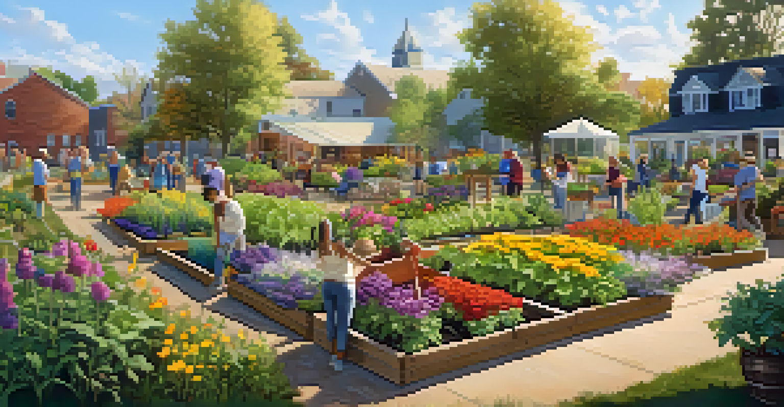 A community garden with individuals gardening among colorful flowers and vegetables, illuminated by sunlight filtering through trees.