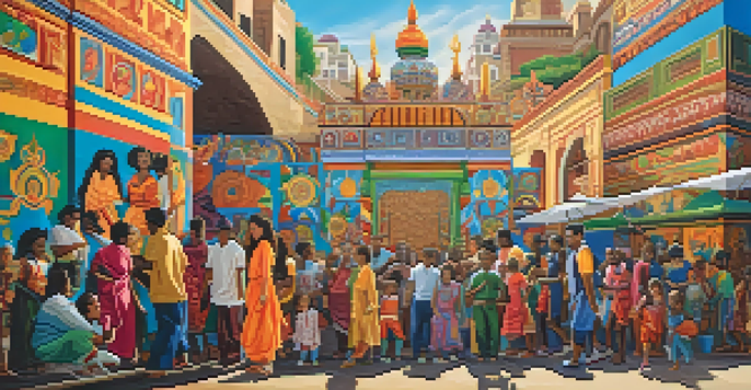 A colorful mural illustrating a diverse group of people collaborating on an artwork, surrounded by plants and flowers under soft sunlight.