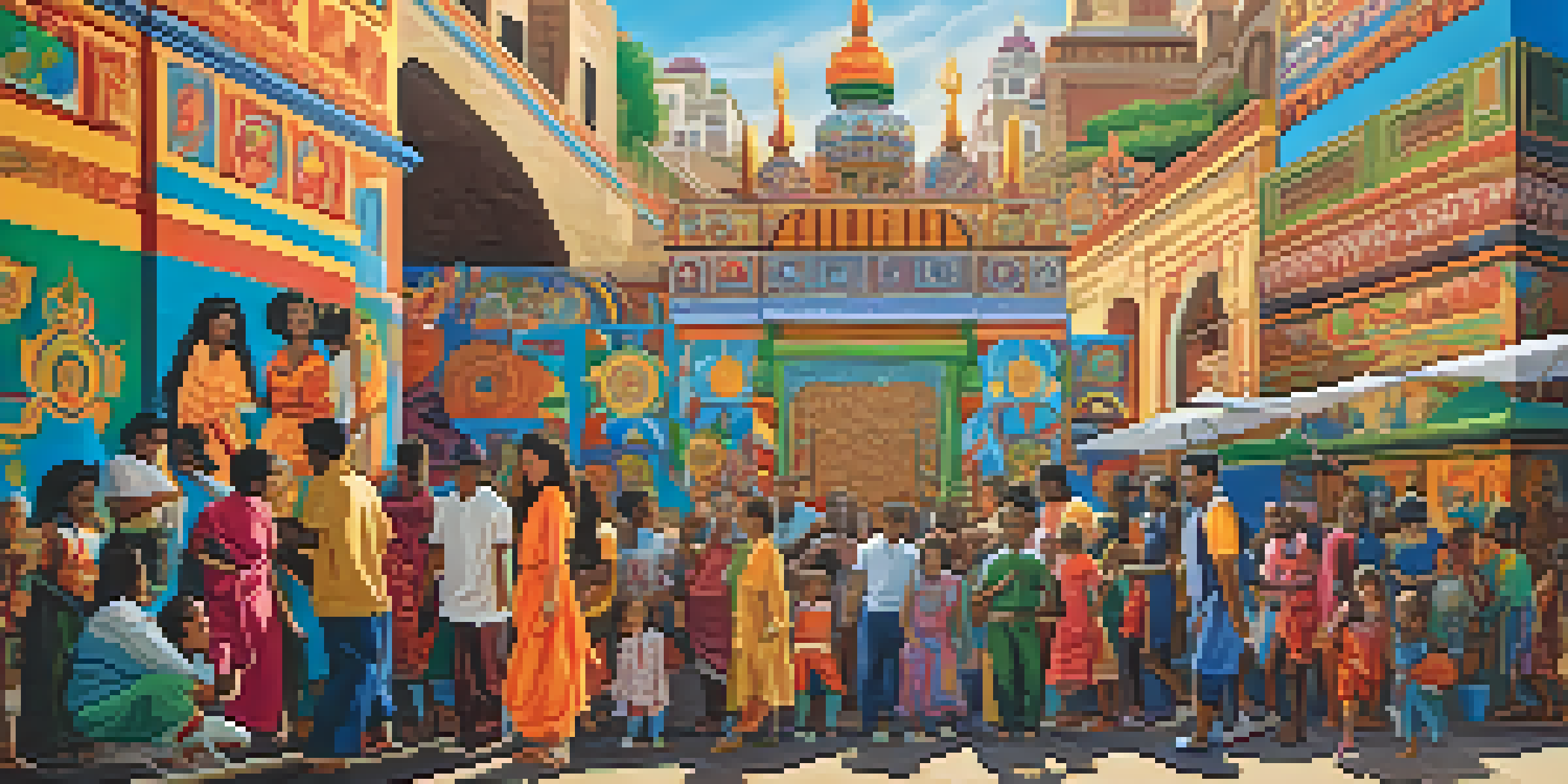 A colorful mural illustrating a diverse group of people collaborating on an artwork, surrounded by plants and flowers under soft sunlight.