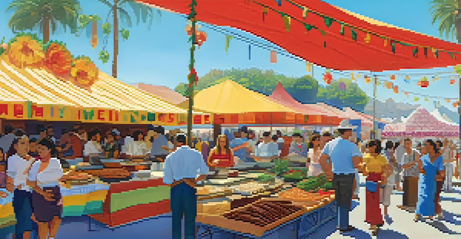 A lively culinary festival showcasing Latin American cuisine with people enjoying food and entertainment under a bright sky.