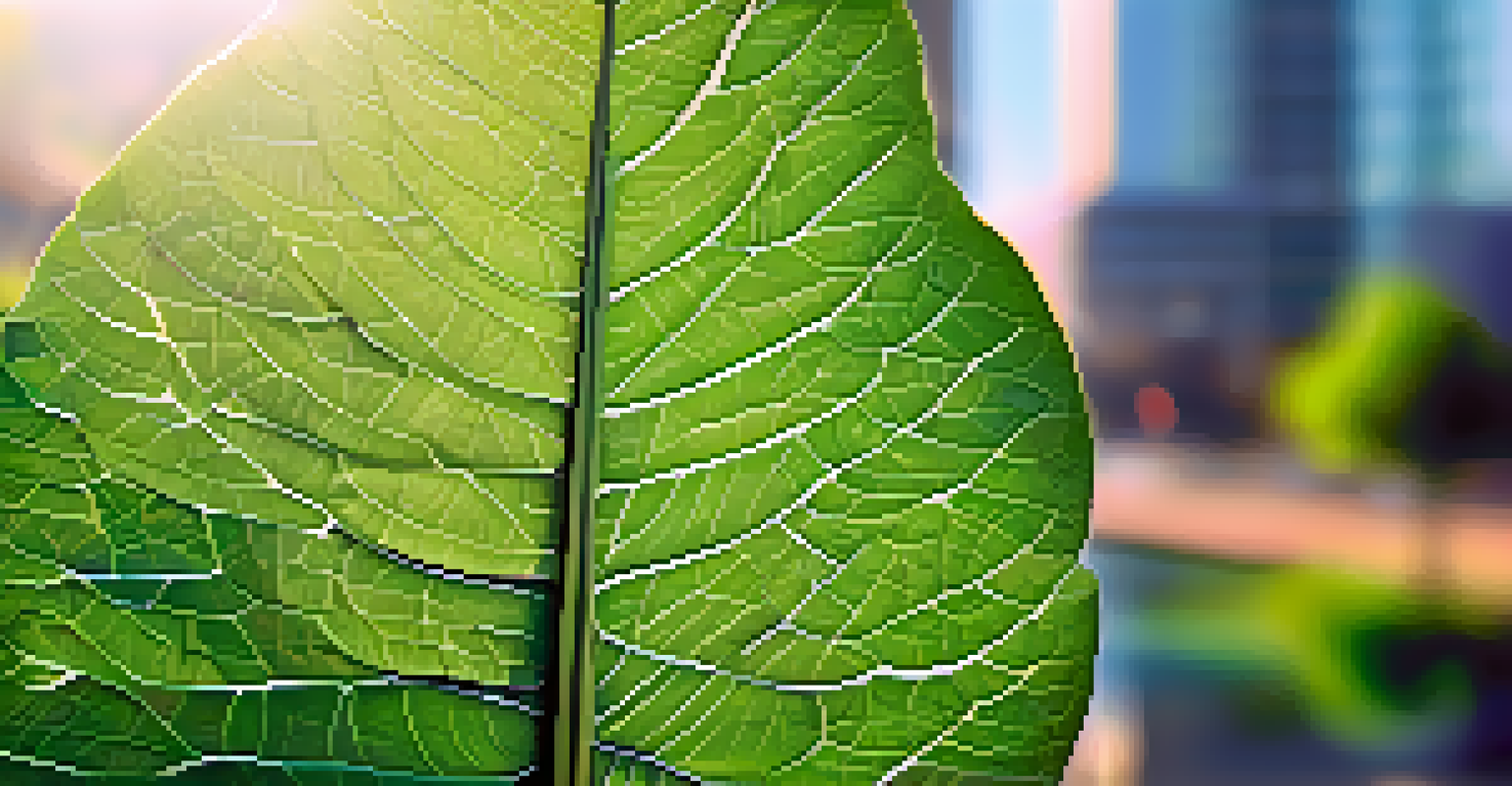 A close-up of dew-covered leaves on a tree, with soft morning light illuminating the vibrant green color, and blurred urban buildings in the background.