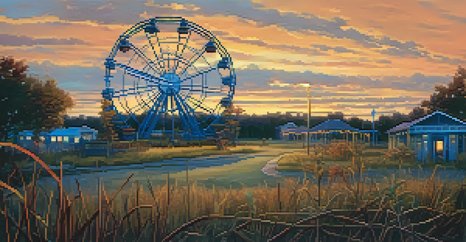 A deserted amusement park with a rusted Ferris wheel and overgrown grass at dusk.