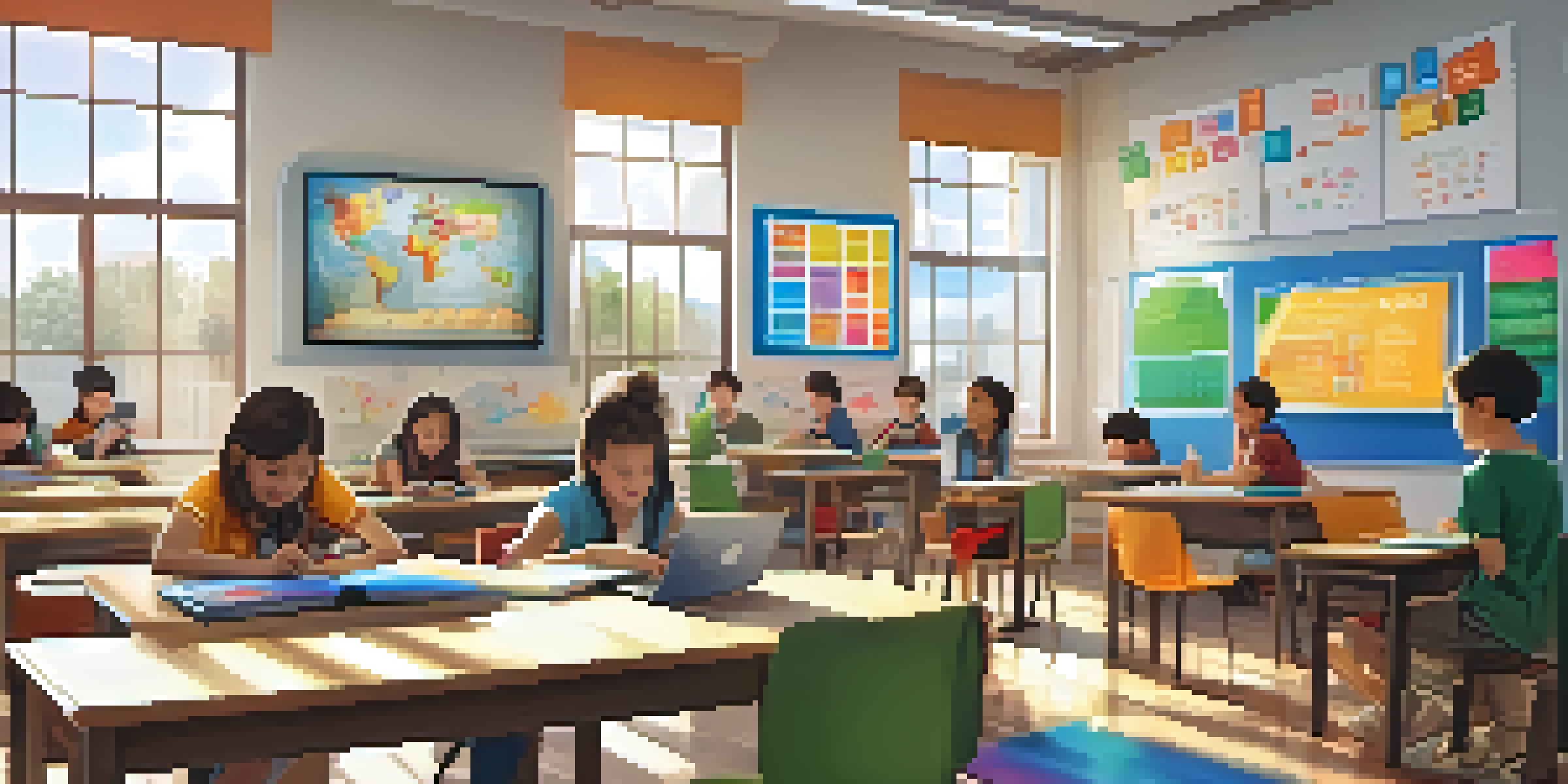 A vibrant classroom scene with students engaged in digital learning using tablets and laptops, with educational posters on the walls and sunlight streaming in.