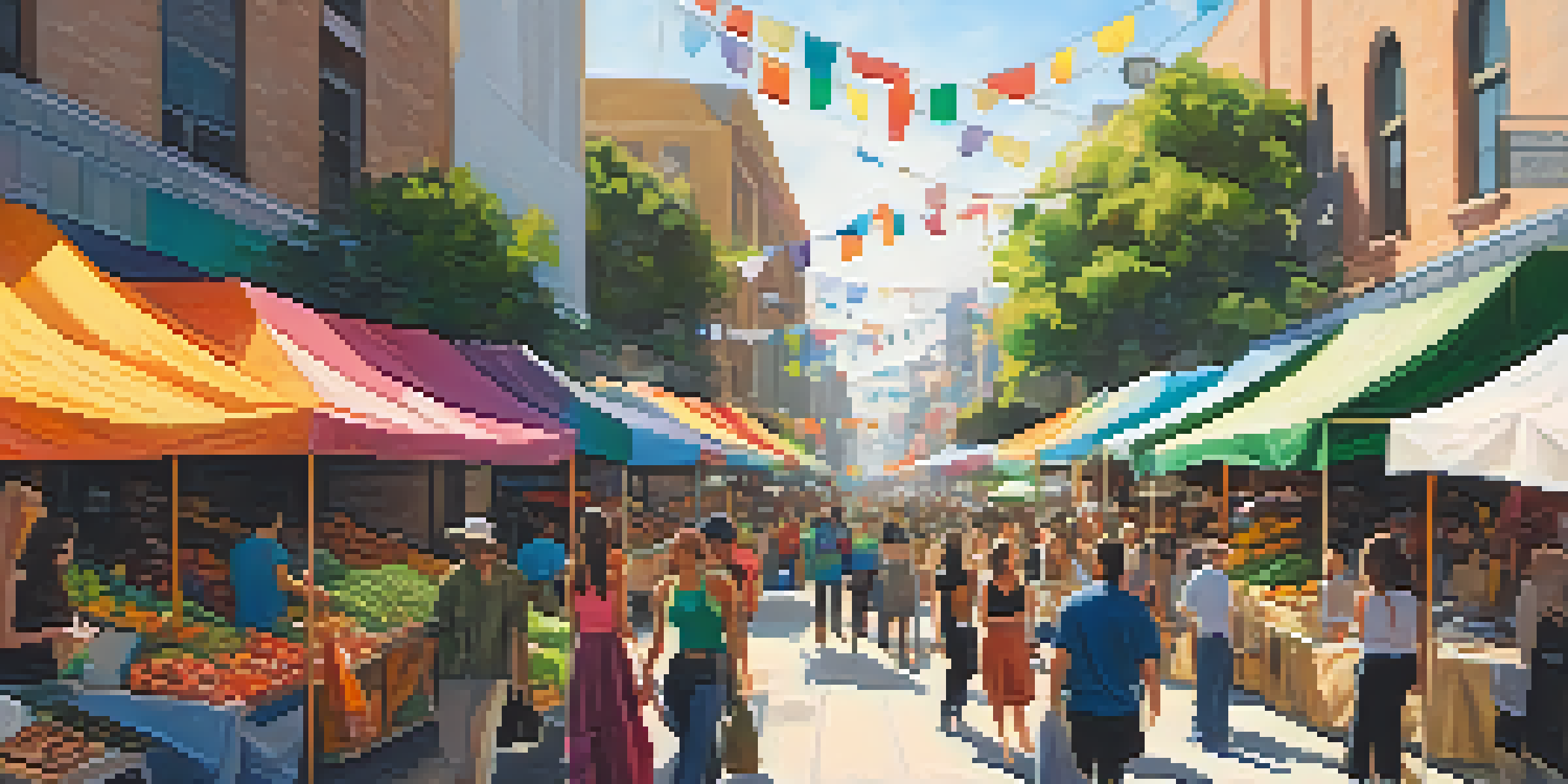 A lively outdoor market in Los Angeles with eco-friendly clothing stalls and diverse shoppers interacting with local designers under bright sunlight.