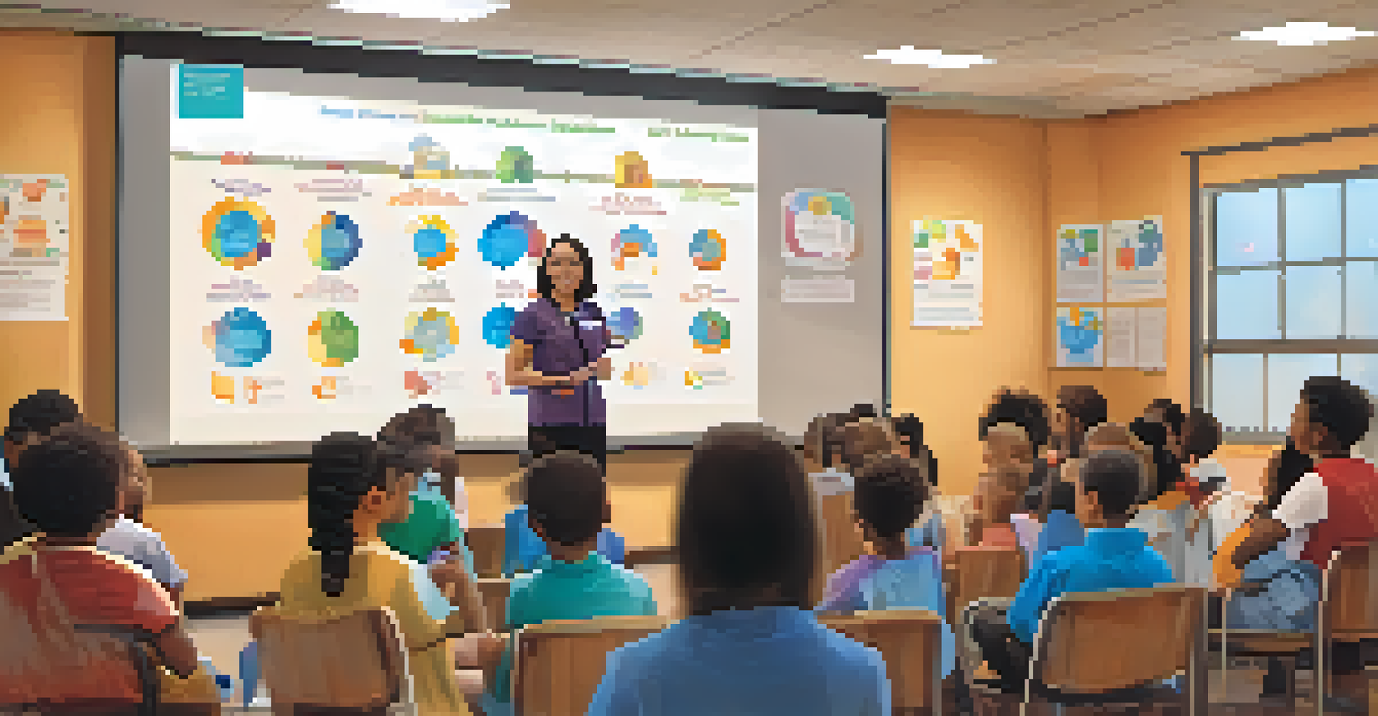A healthcare worker giving a presentation on vaccinations to an attentive audience of parents and children in a warm, inviting room.