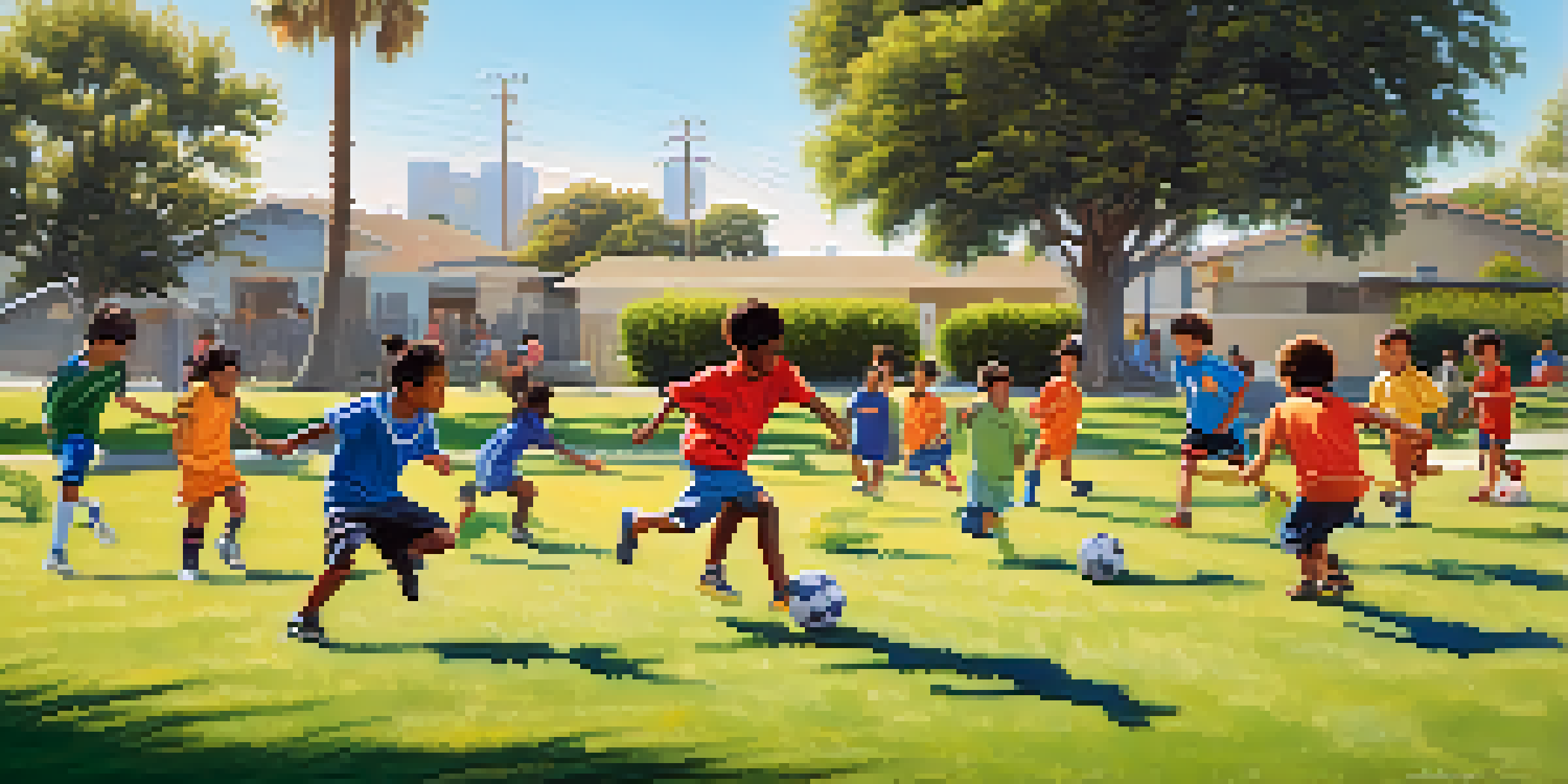 A group of diverse children playing soccer in a sunny Los Angeles park, showcasing teamwork and joy.