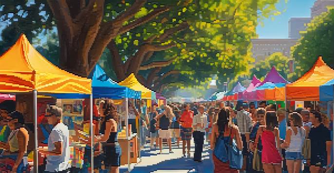 A lively art festival in Los Angeles with diverse artists, colorful booths, and attendees enjoying the atmosphere under bright sunlight.