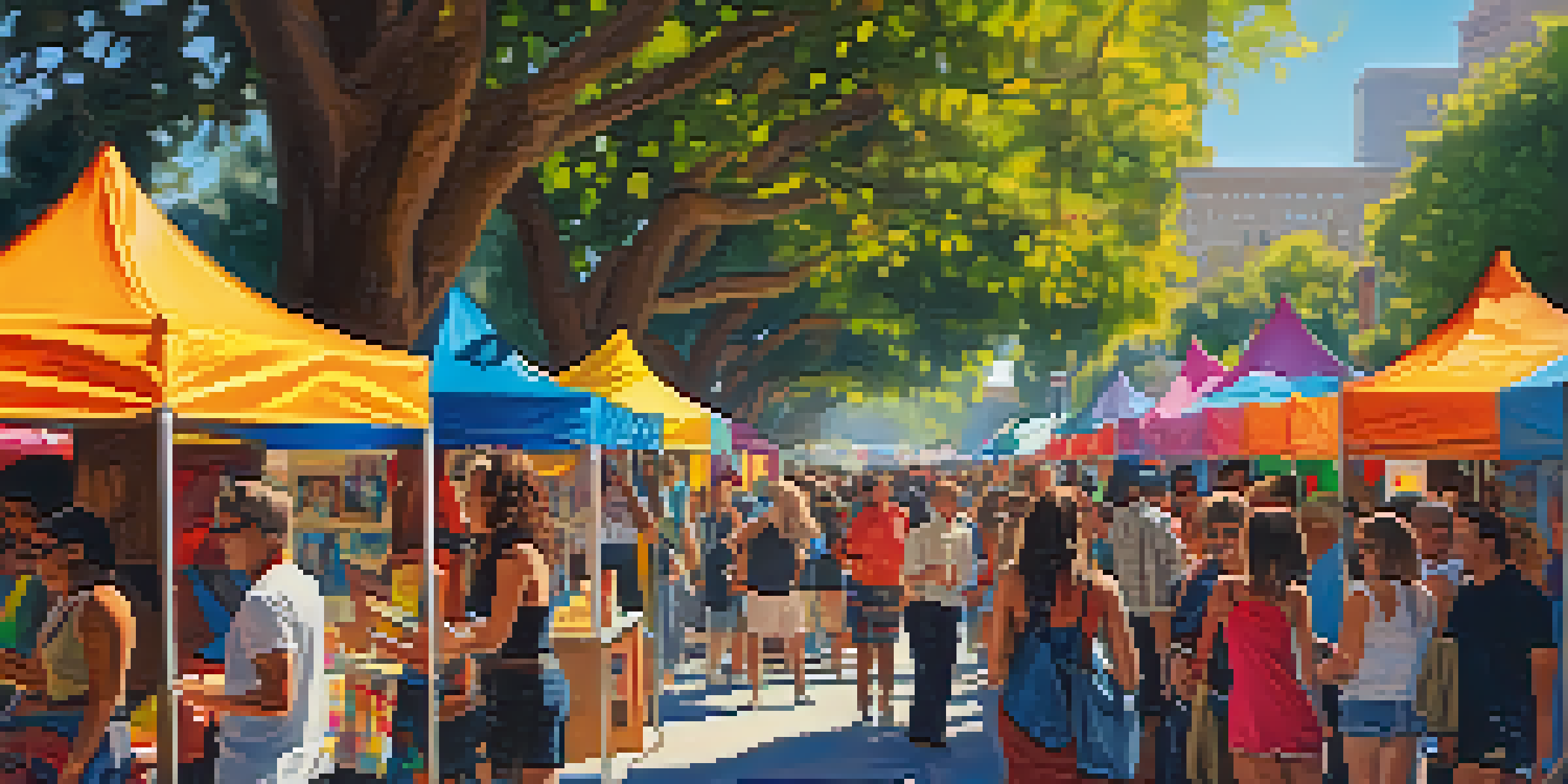 A lively art festival in Los Angeles with diverse artists, colorful booths, and attendees enjoying the atmosphere under bright sunlight.
