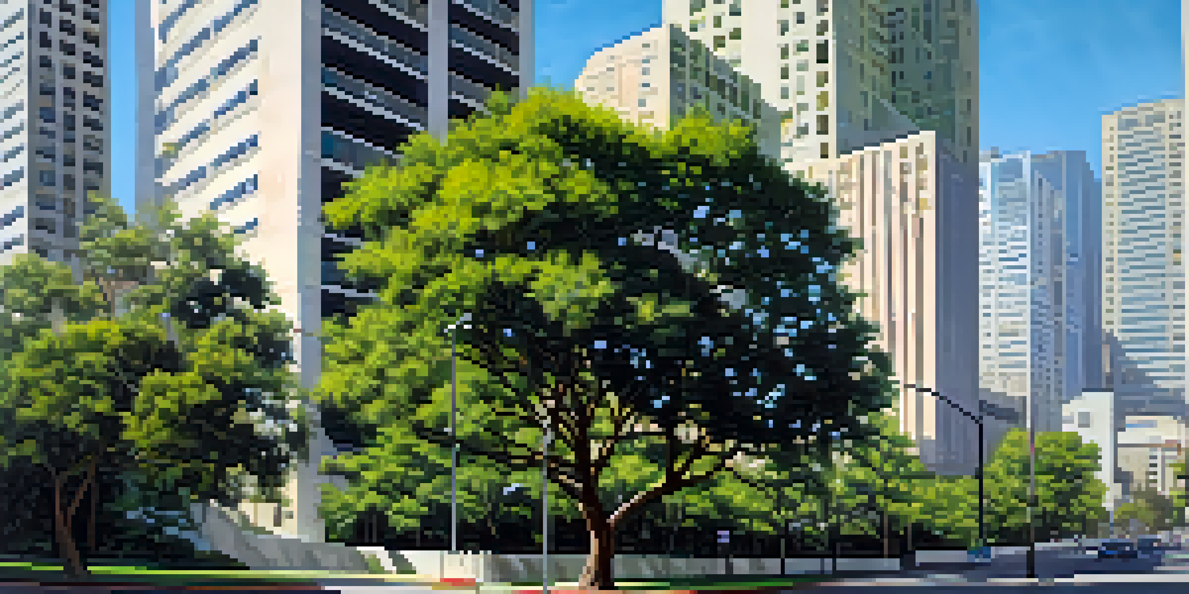 A cityscape of Los Angeles featuring skyscrapers and green parks with a California Gnatcatcher bird on a branch.