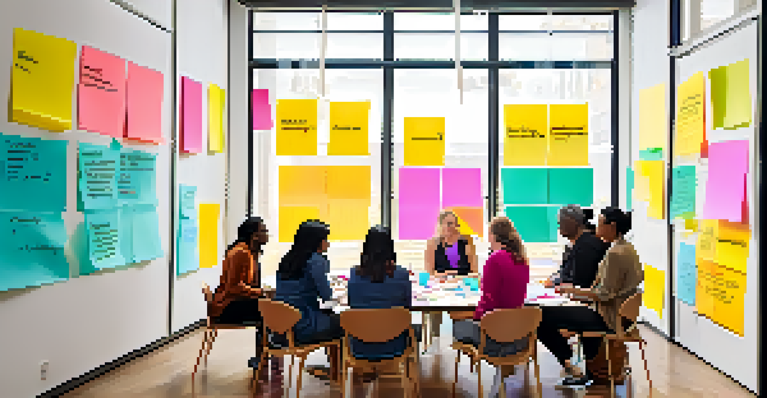 A collaborative workshop with diverse women brainstorming housing equality solutions, surrounded by sticky notes and a whiteboard, illuminated by natural light.