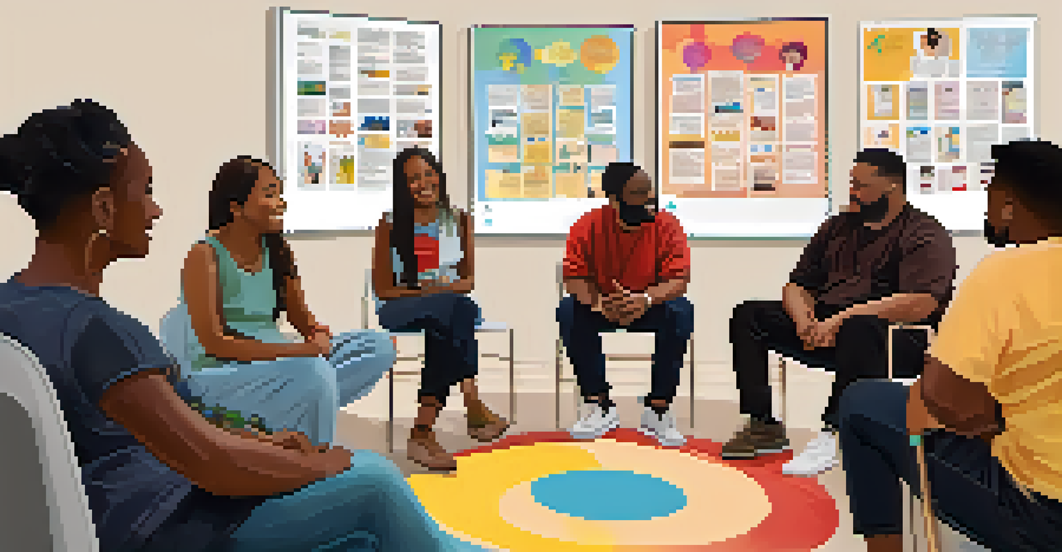A diverse group of individuals sitting in a circle, actively participating in a community mental health workshop in a bright room.