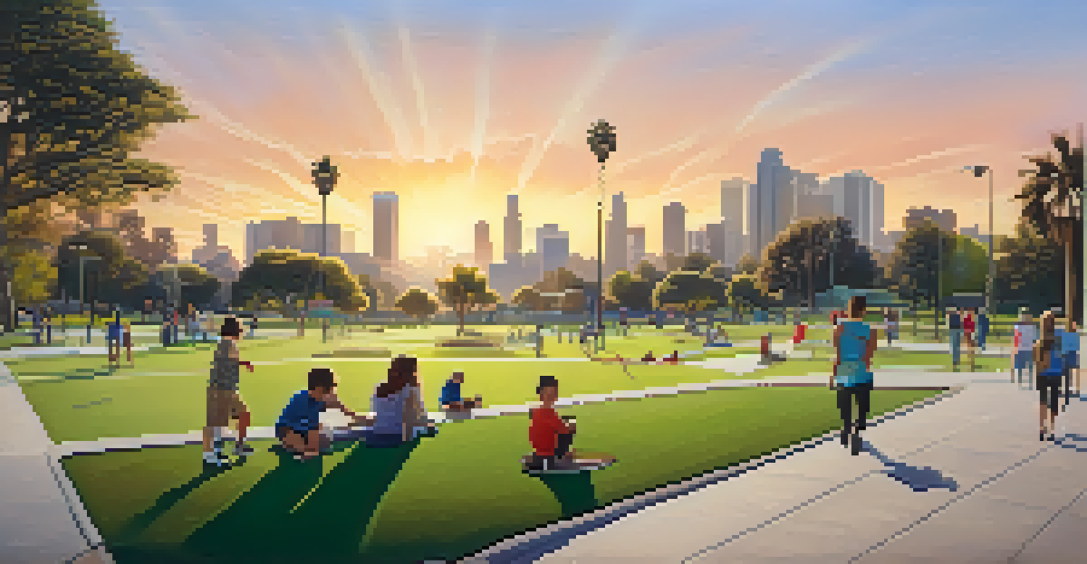 A peaceful community park in Los Angeles, showcasing families enjoying leisure activities and modern sports facilities, with a sunset in the background.
