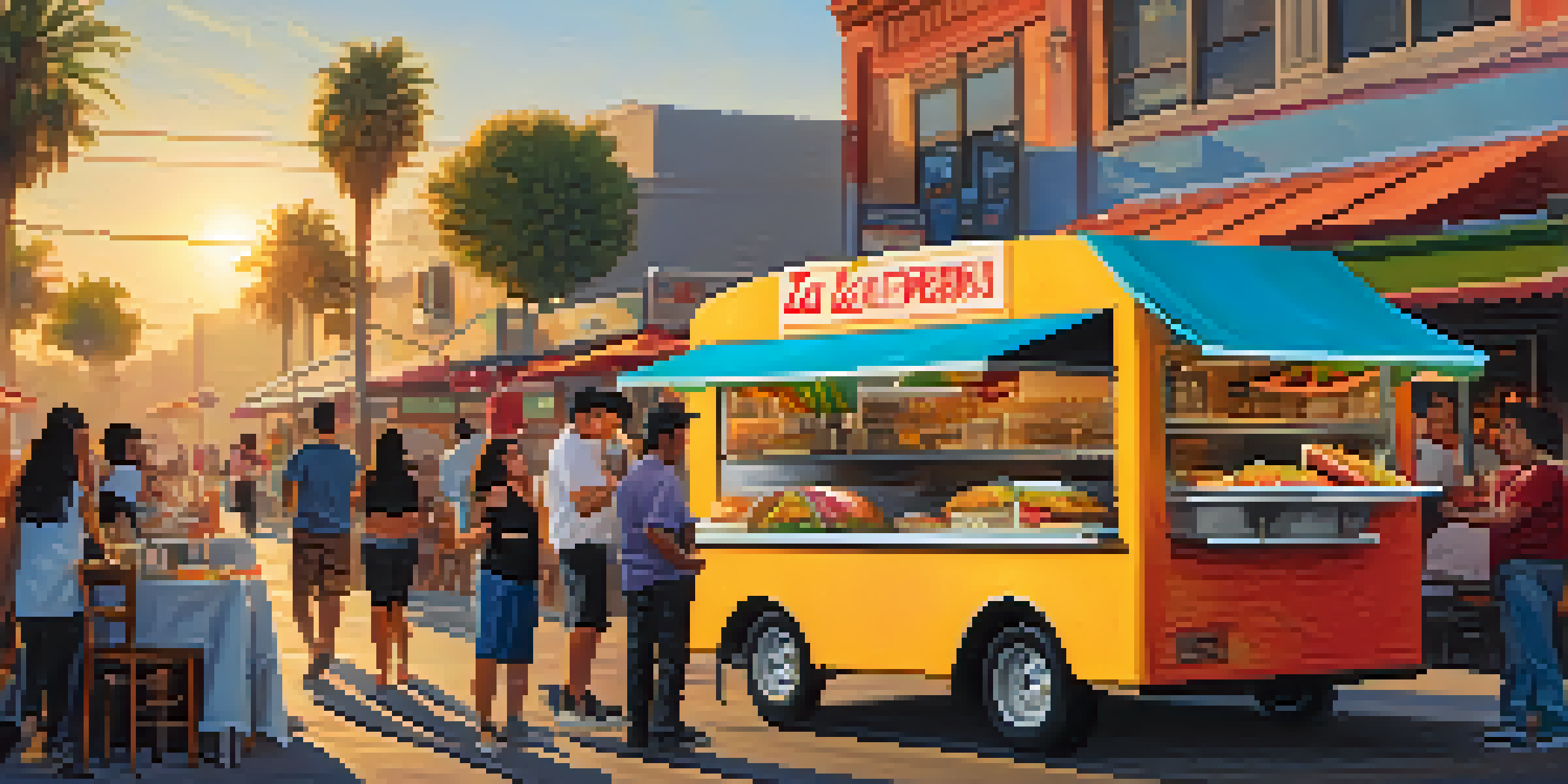 A colorful food truck in Los Angeles serving Korean-Mexican fusion tacos, with people enjoying the food and a sunset in the background.