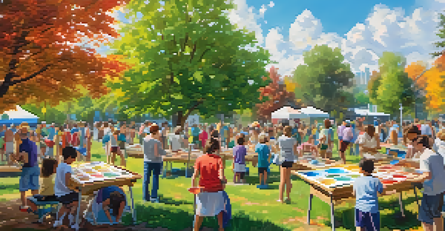 A diverse group of people participating in an outdoor art workshop, painting on large canvases in a park.